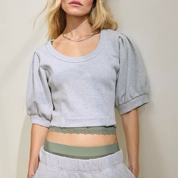 aerie Tops - AERIE Seams Right Cropped Short Sleeve Sweatshirt Scoop Neck Grey Soft Size XL